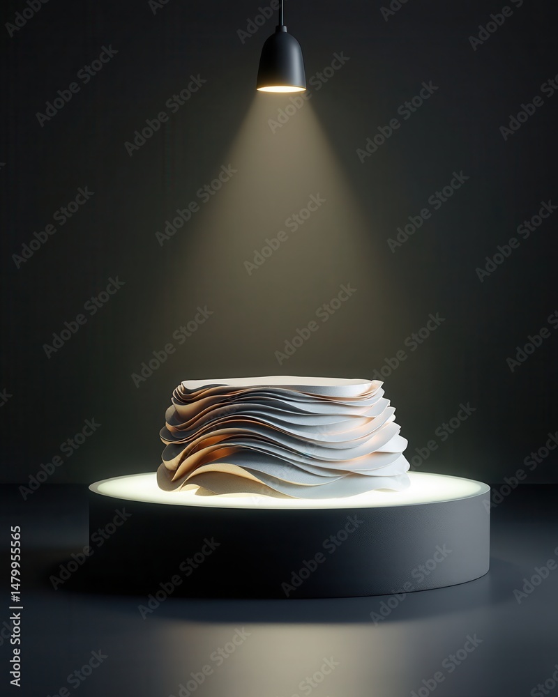 Aufkleber a modern, abstract sculpture with layered, wavy forms is displayed under a spotlight on a circular p