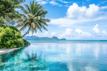 Tranquil tropical lagoon poolside. Lush greenery, palm trees, turquoise water, and a serene horizon