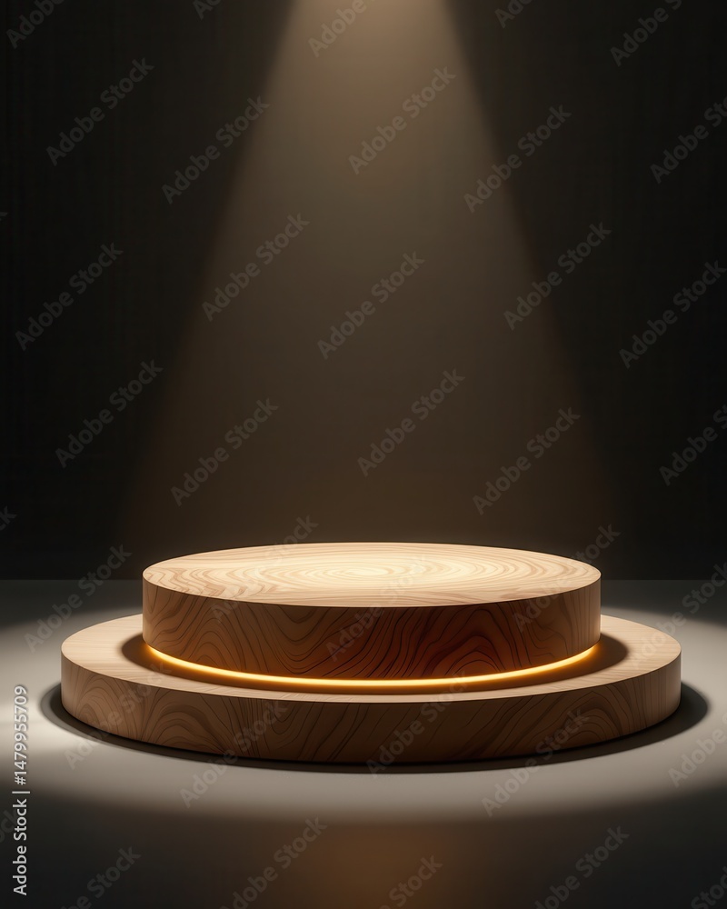 Poster a wooden podium with warm lighting is spotlighted in a dark room, creating an elegant and minimalist