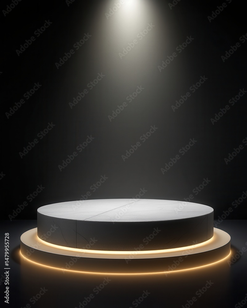 Poster a modern, round pedestal is illuminated by a spotlight in a dark, minimalistic setting, creating a d