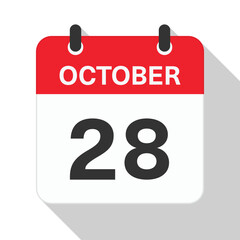 October 28 Daily Calendar. Red Theme on White Background.