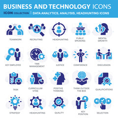 Headhunting icon set. Recruitment icon. Analytics icon set. Containing data analytics, graph visualization, dashboard metrics, report, financial, seo analytics, Job Interview, Career Path, Resume