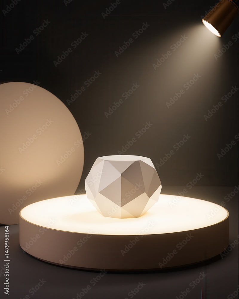 Poster a geometric white polyhedron is showcased on a glowing circular platform under a spotlight in a mini
