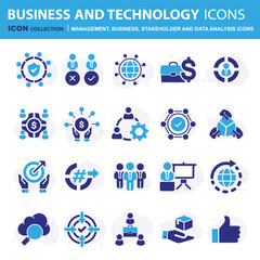 Business, data analysis, organization management, stakeholder and technology set. Teamwork, strategy, planning, marketing, cloud technology, data analysis, employee icon set. Icons vector collection