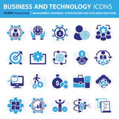 Business, data analysis, organization management and technology icon set. Teamwork, strategy, planning, marketing, cloud technology, data analysis, employee icon set. Icons vector collection