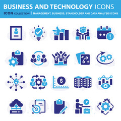 Business, data analysis, organization management and technology icon set. Teamwork, strategy, planning, marketing, cloud technology, data analysis, employee icon set. Icons vector collection
