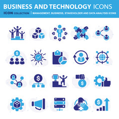 Business, data analysis, organization management, stakeholder and technology set. Teamwork, strategy, planning, marketing, cloud technology, data analysis, employee icon set. Icons vector collection