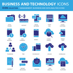 Business and marketing, programming, data management, internet connection, social network, computing, information. Flat vector illustration	