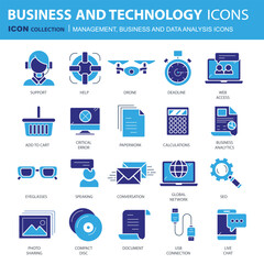 Business and marketing, programming, data management, internet connection, social network, computing, information. Flat vector illustration	