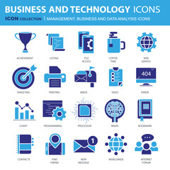 Business and marketing, programming, data management, internet connection, social network, computing, information. Flat vector illustration	