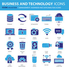 Business and marketing, programming, data management, internet connection, social network, computing, information. Flat vector illustration	