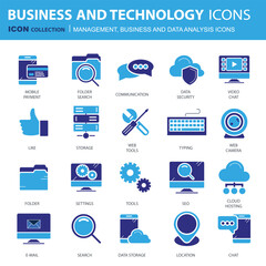 Business and marketing, programming, data management, internet connection, social network, computing, information. Flat vector illustration	