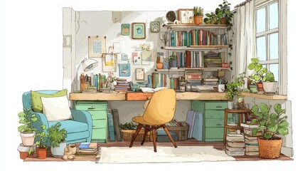Cozy reading and work corner with books and plants in a home interior scene.