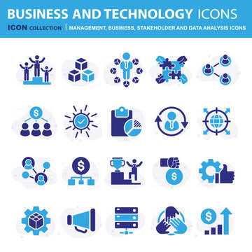 Business, data analysis, organization management, stakeholder and technology set. Teamwork, strategy, planning, marketing, cloud technology, data analysis, employee icon set. Icons vector collection