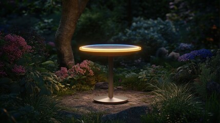 Illuminated outdoor table in a lush garden at night