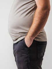 A man with a large abdomen and significant belly fat stands with hands in pockets against a plain white background.