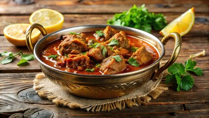 Spicy mutton masala curry served in a traditional Indian brass bowl on a wooden table, garnished with fresh cilantro and lemon wedges , lamb curry, indian cuisine