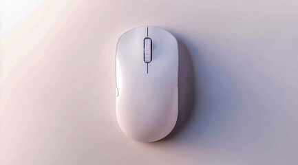 Overhead view of a modern white computer mouse on a pale pink surface