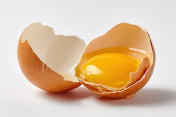 Studio shot of cracked brown egg with bright yellow yolk against a white background in close-up macro detail