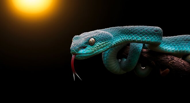 closeup of a vibrant blue viper snake with a forked tongue, perched on a dark brown branch against a black background, strikingly sharp scales and eye detail
