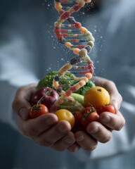 Close-up of hands holding fresh vegetables with floating DNA helix representing healthy eating and genetic benefits