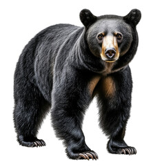 Fototapeta premium A Black Bear Stands On A Transparent Background Looking Directly At The Camera With A Serious Expression The Bear Has A Thick Coat Of Black Fur With A Brown Muzzle And Nose Its Paws Are Large And Have