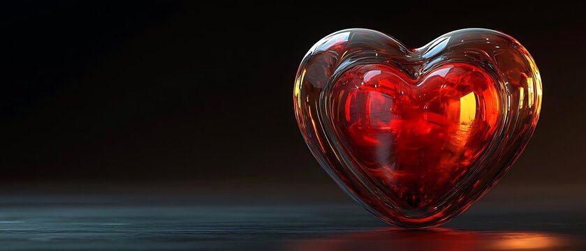 Glass heart glows dark surface. Romantic