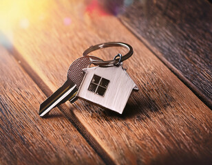  Property home and real estate insurance concept. Keychain of miniature model house. Mortgage concep. .