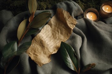 Aged parchment scroll nestled amidst foliage and textiles.