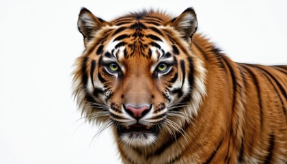 Naklejka premium a fierce tiger, white background, striped fur, intense gaze, 4k resolution