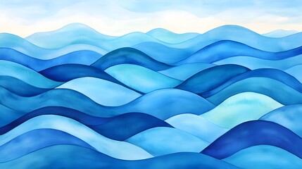 Fototapeta premium Abstract watercolor depiction of wavy, blue landscapes.