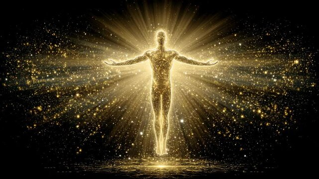 Radiant golden human figure glowing with spiritual energy and light burst on a dark starry background