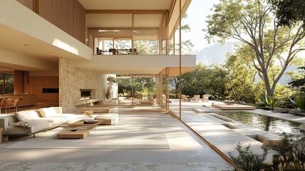 Interior view of a modern house with a pool and a garden with trees and a mountain in the background