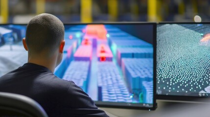 A technician monitoring a large screen displaying realtime inventory data collected by a swarm of drones operating in the warehouse with the chaotic movement of drones visible through