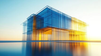 Modern glass building reflecting sunset on calm water