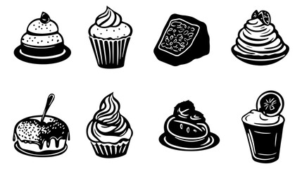 Collection of Hand-Drawn Desserts Featuring Cupcakes, Donuts, and Ice Cream Swirls in Simple Black and White Style for Culinary Designs