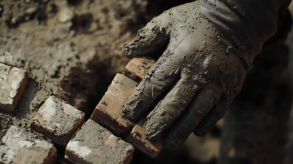 Hand in Glove Laying Bricks with Mortar