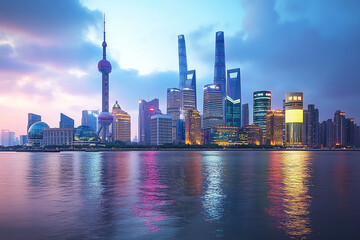 Obraz premium Stunning Shanghai skyline at dusk reflecting in the water a beautiful cityscape view