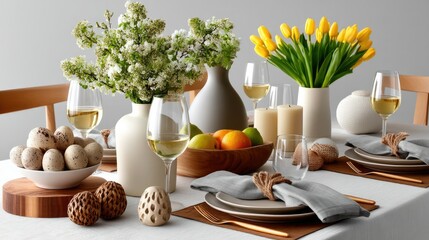 Easter Table: Easter table setting, adorned with festive flowers, fresh fruit, and elegantly arranged tableware. Evoking a sense of spring, celebration, and communal gathering.