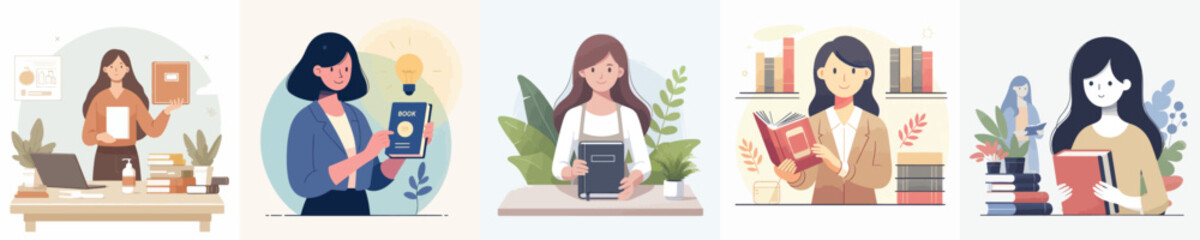 vector character woman selling books