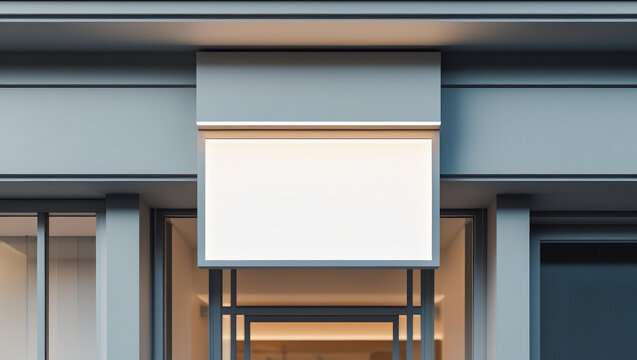 Modern storefront mockup with blank white rectangular sign on clean building facade. Ideal for branding or logo display.