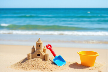 sand castle and a shovel on the beach
