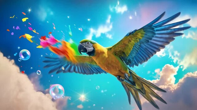 A colorful parrot is flying through the sky with a rainbow of colors
