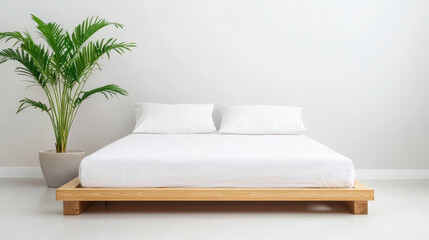 Minimalist bedroom featuring wooden bed frame with white bedding and two pillows, complemented by potted plant, creating serene atmosphere