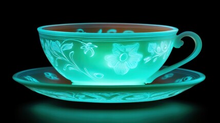 Glowing teal teacup and saucer with etched floral design