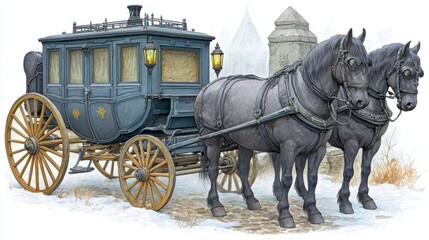 Naklejka premium Gray Horse Drawn Carriage in Snowy Landscape