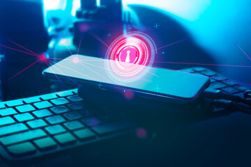 The hand of a businessman interactive touching a holographic of a data financial network, security...