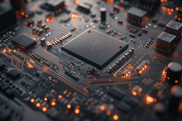 Fototapeta premium Close up view of a circuit board with glowing components showing intricate details of technology