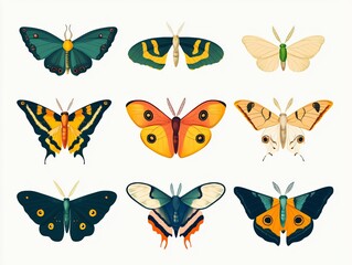 Obraz premium Colorful Collection of Various Butterflies and Moths on White Background
