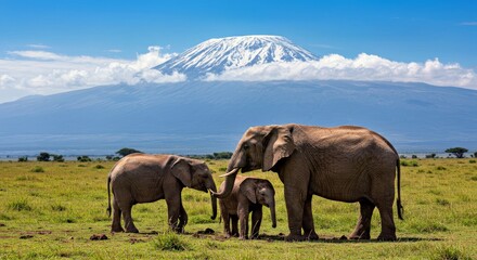 Elephant Family Kilimanjaro View; Majestic African Wildlife Scene, Iconic Mountain Backdrop
